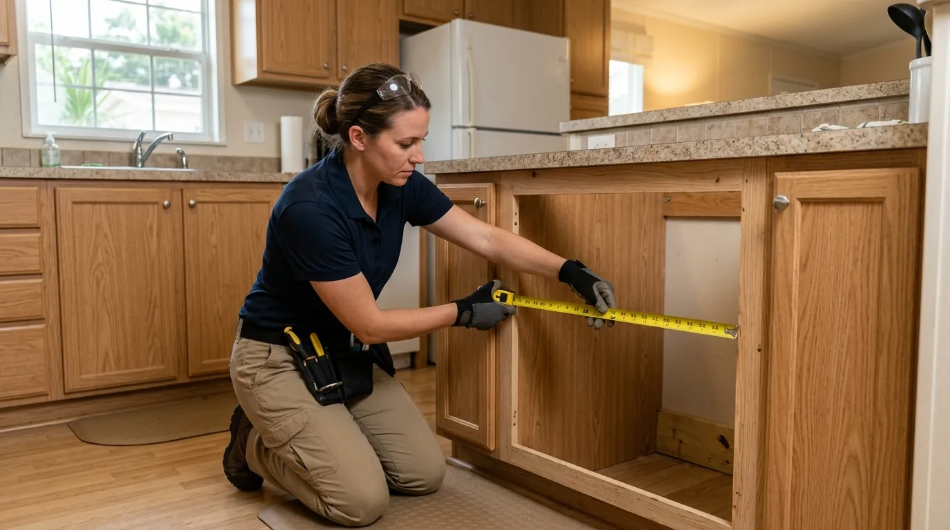 technician measuring a compact range cutout inside a manufactured home kitchen in Pinellas Park Florida, tape measure in use, photorealistic