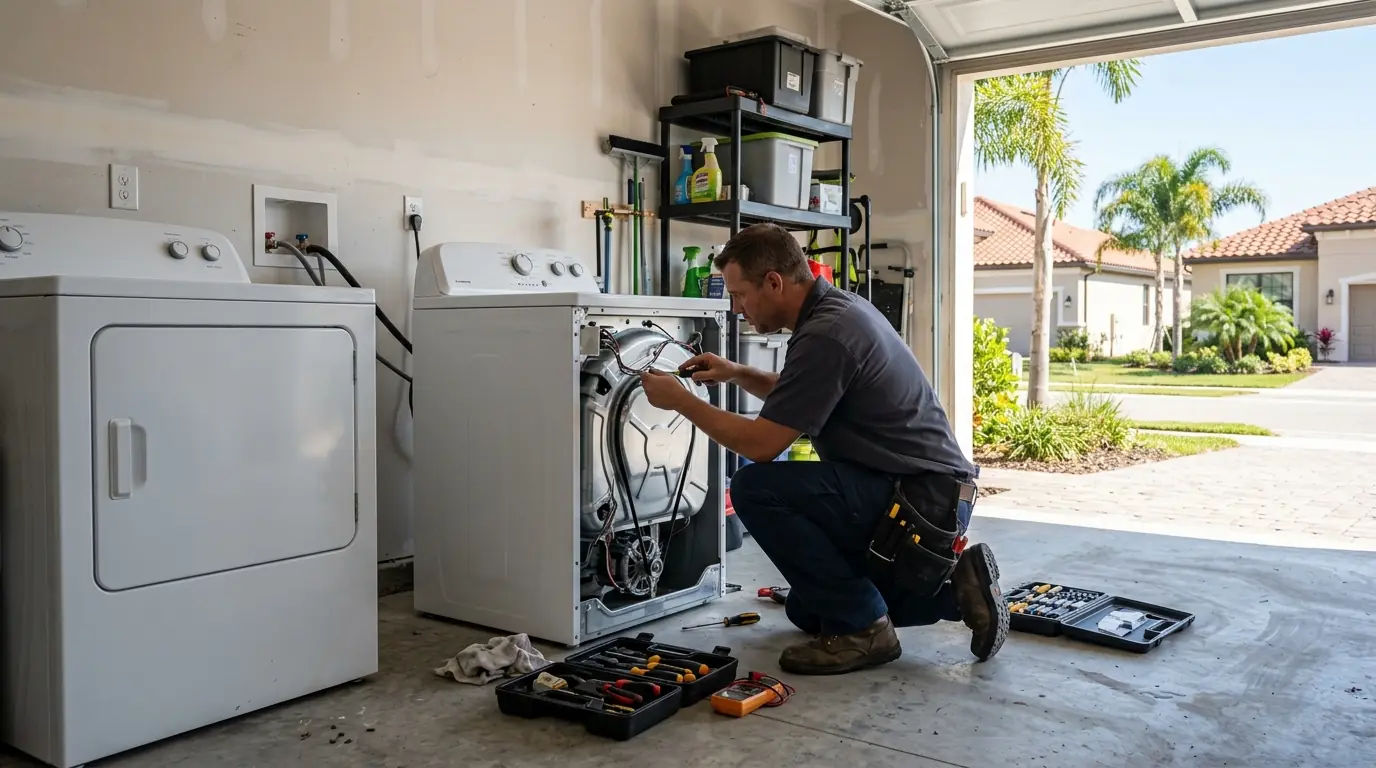 technician servicing a builder grade washer and dryer pair in a garage of a newly built home in Ruskin Florida, photorealistic