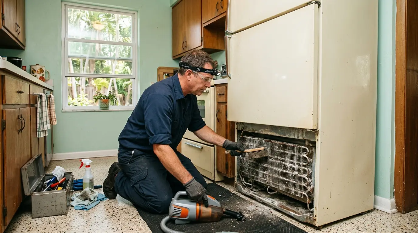 technician cleaning salt affected refrigerator condenser coils in a mid century bungalow kitchen in St. Petersburg Florida, photorealistic
