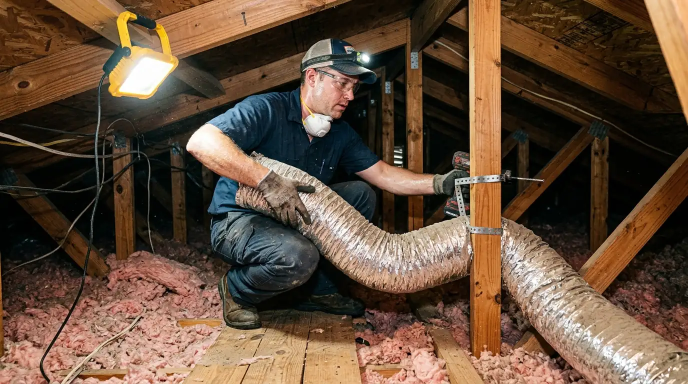 technician clearing a sagging flexible dryer duct in a hot attic above a block ranch home in Seffner Florida, work light in use, photorealistic