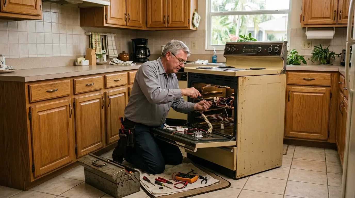 technician servicing a long held kitchen range in a villa in Sun City Center Florida, photorealistic