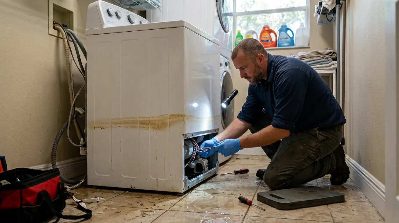 technician inspecting the base of a washing machine with a water line mark visible on the cabinet after flooding in a Tampa Florida laundry room, photorealistic