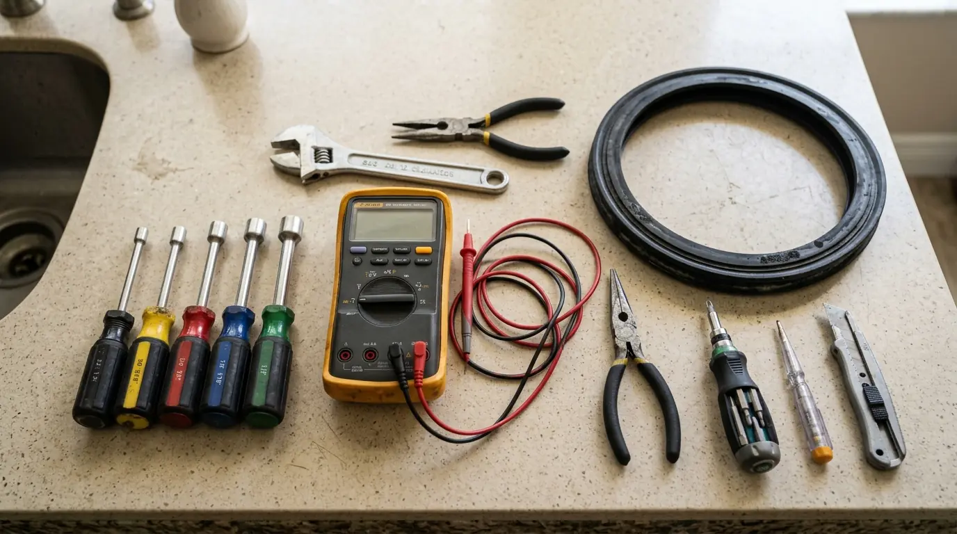 flat lay of appliance repair tools, nut drivers, meter and gasket on a Tampa Florida kitchen counter, overhead view, photorealistic