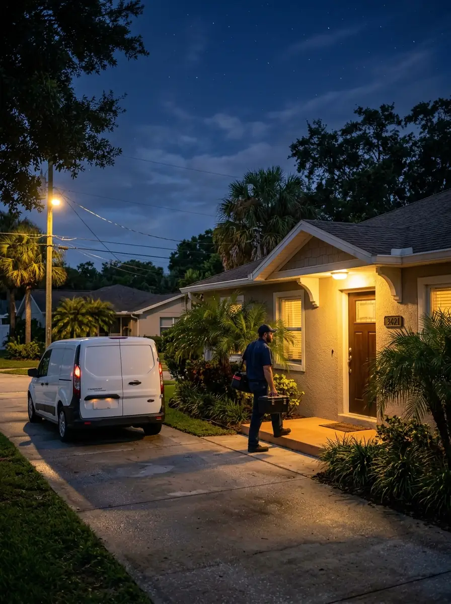 technician arriving at a Tampa Florida home late at night with a tool bag and a flashlight, porch light on and door open, photorealistic