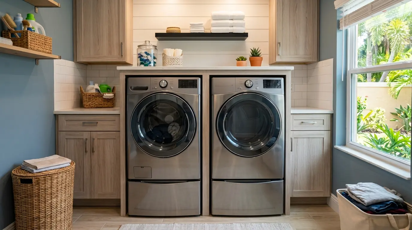 front load washer and dryer pair in a tidy Tampa Florida laundry room, editorial blog thumbnail, photorealistic