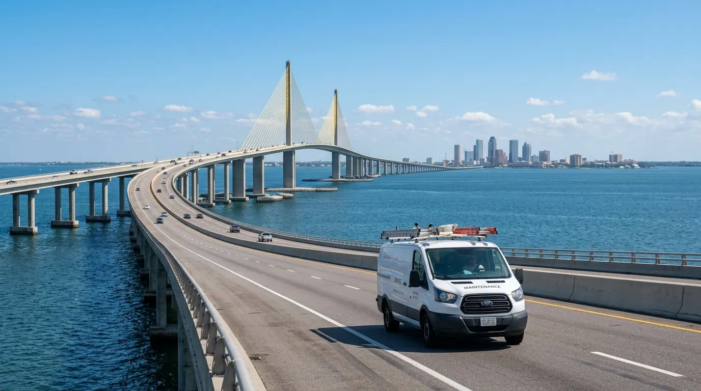 branded service van driving over a bridge with the Tampa Florida skyline behind it, photorealistic