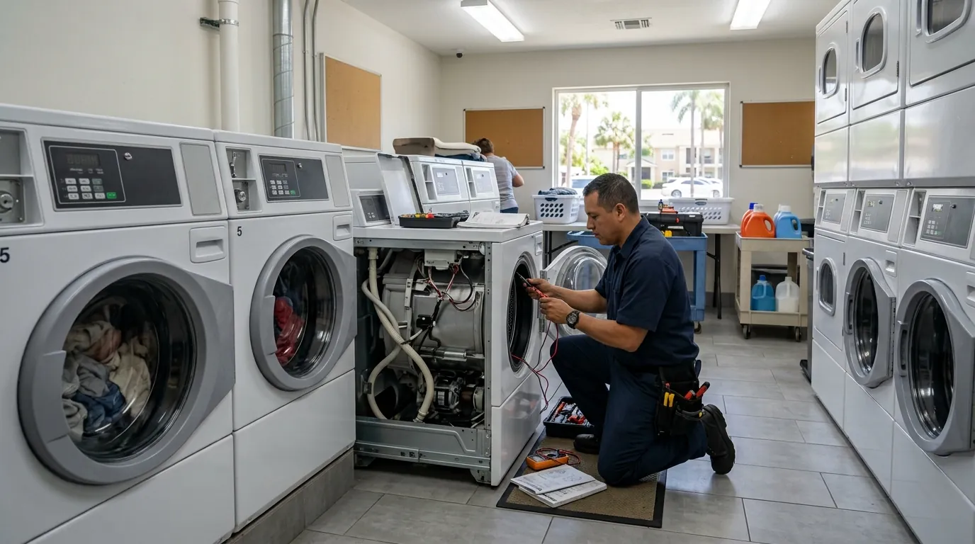 technician servicing one of several washing machines in a shared apartment laundry room in Westshore Tampa Florida, photorealistic