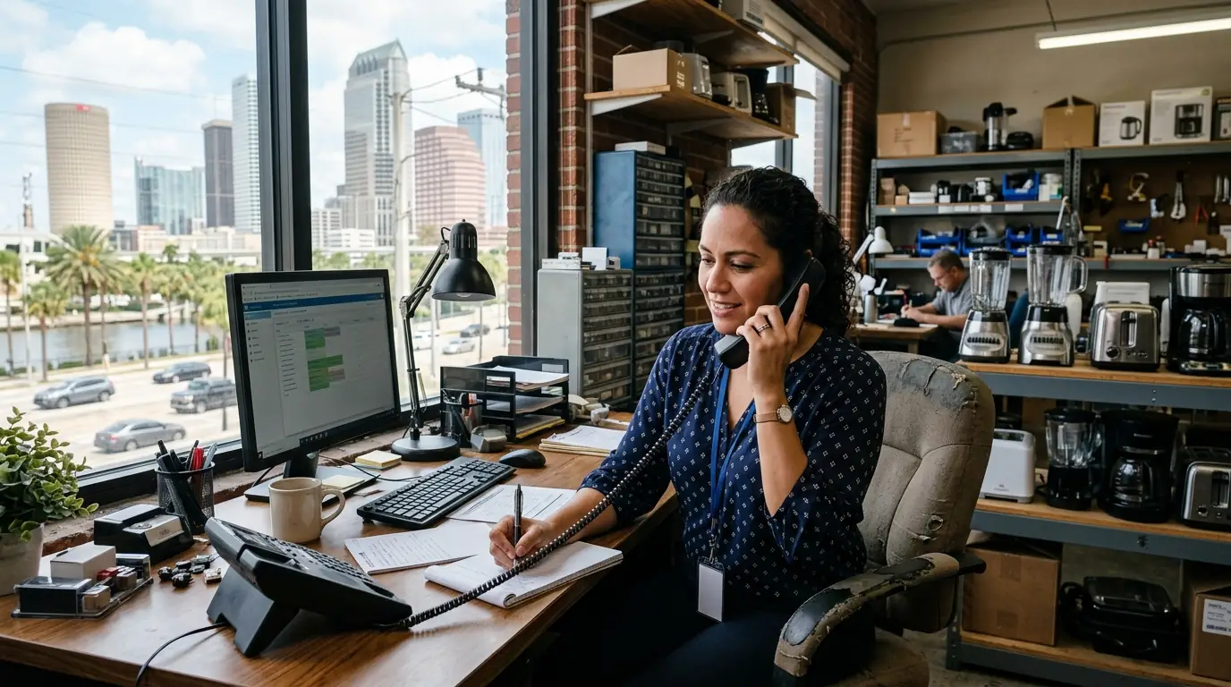 service coordinator taking a phone call at a desk in a small appliance repair office in downtown Tampa Florida, photorealistic