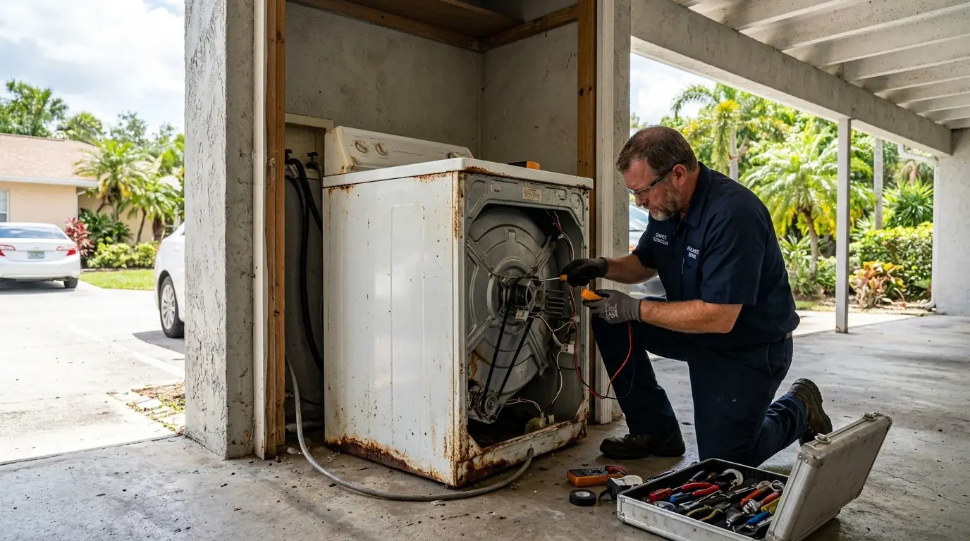 technician servicing a dryer in an open carport laundry closet with surface corrosion visible on the cabinet, Tampa Florida, photorealistic