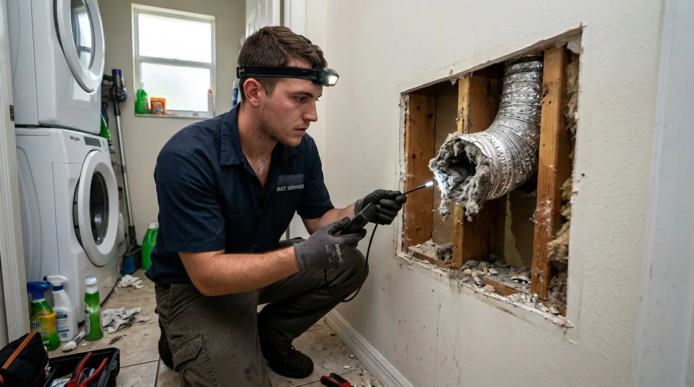 technician tracing a dryer duct that terminates inside a wall cavity in a Tampa Florida duplex laundry closet, lint visible, photorealistic