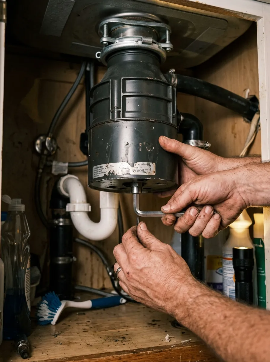 close view of hands using a hex wrench in the bottom of a garbage disposal to free a jam under a Tampa Florida kitchen sink, photorealistic