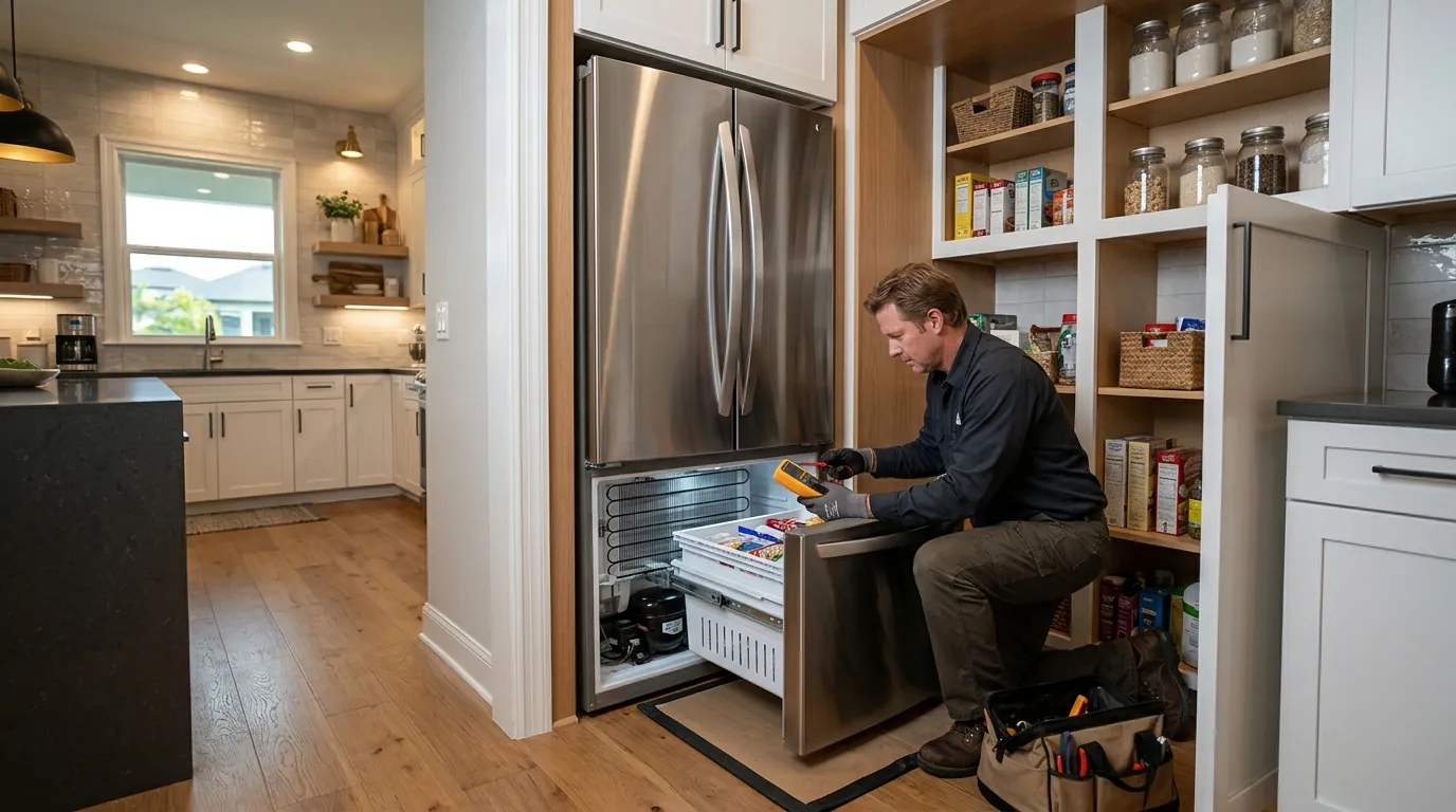 technician checking a French door refrigerator standing in a narrow pantry alcove in a master planned Wesley Chapel Florida kitchen, photorealistic