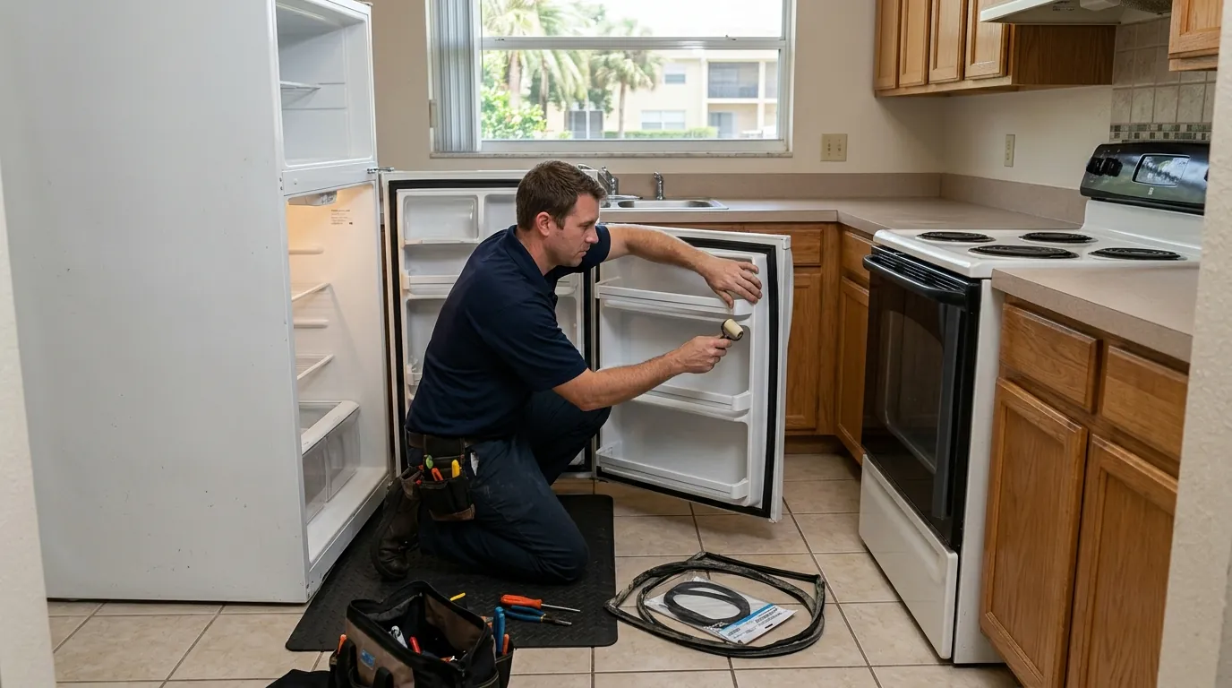 technician replacing a worn refrigerator door gasket in an empty rental apartment kitchen near Fowler Avenue Tampa Florida, photorealistic