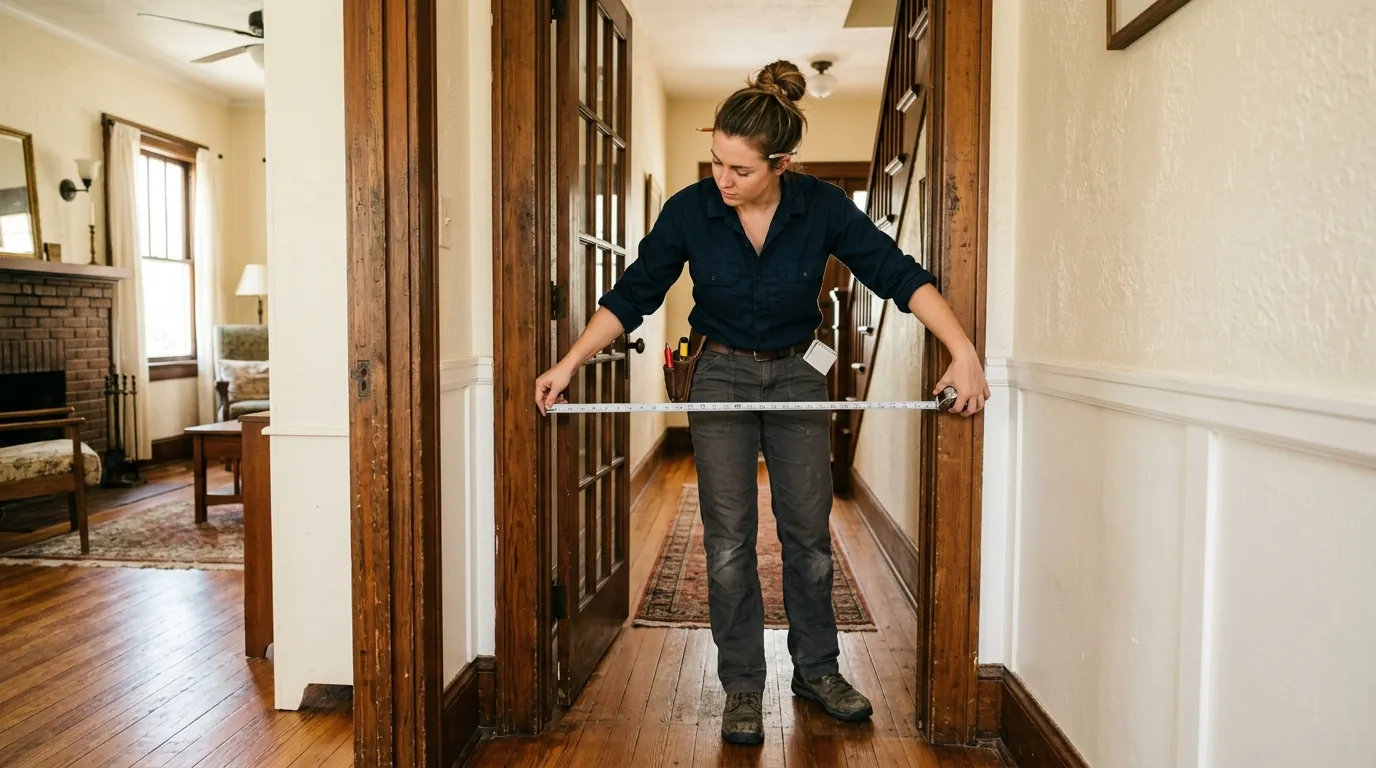 technician measuring the width of an original narrow interior doorway in a 1920s Tampa Florida bungalow with a tape measure, photorealistic