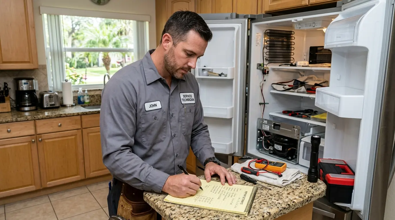 technician writing a repair estimate on a notepad beside an opened appliance in a Tampa Florida kitchen, photorealistic
