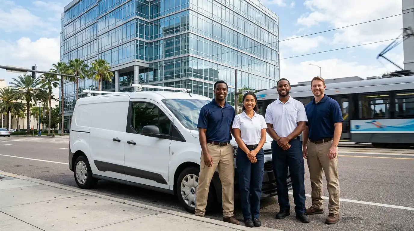 appliance service team standing beside a work van outside a downtown Tampa Florida office building, friendly professional portrait, photorealistic