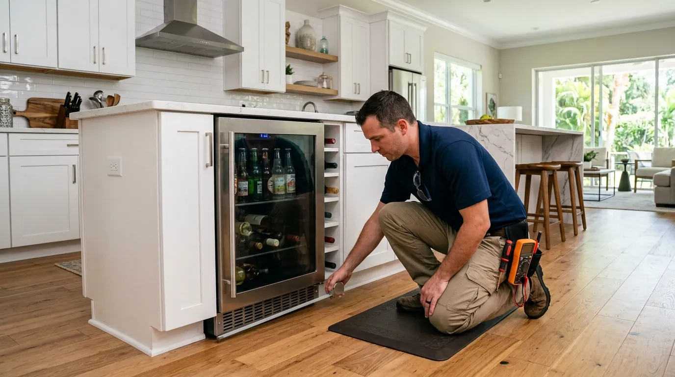 technician checking the ventilation grille clearance of a built in beverage center in an open plan master planned kitchen in Lithia Florida, photorealistic