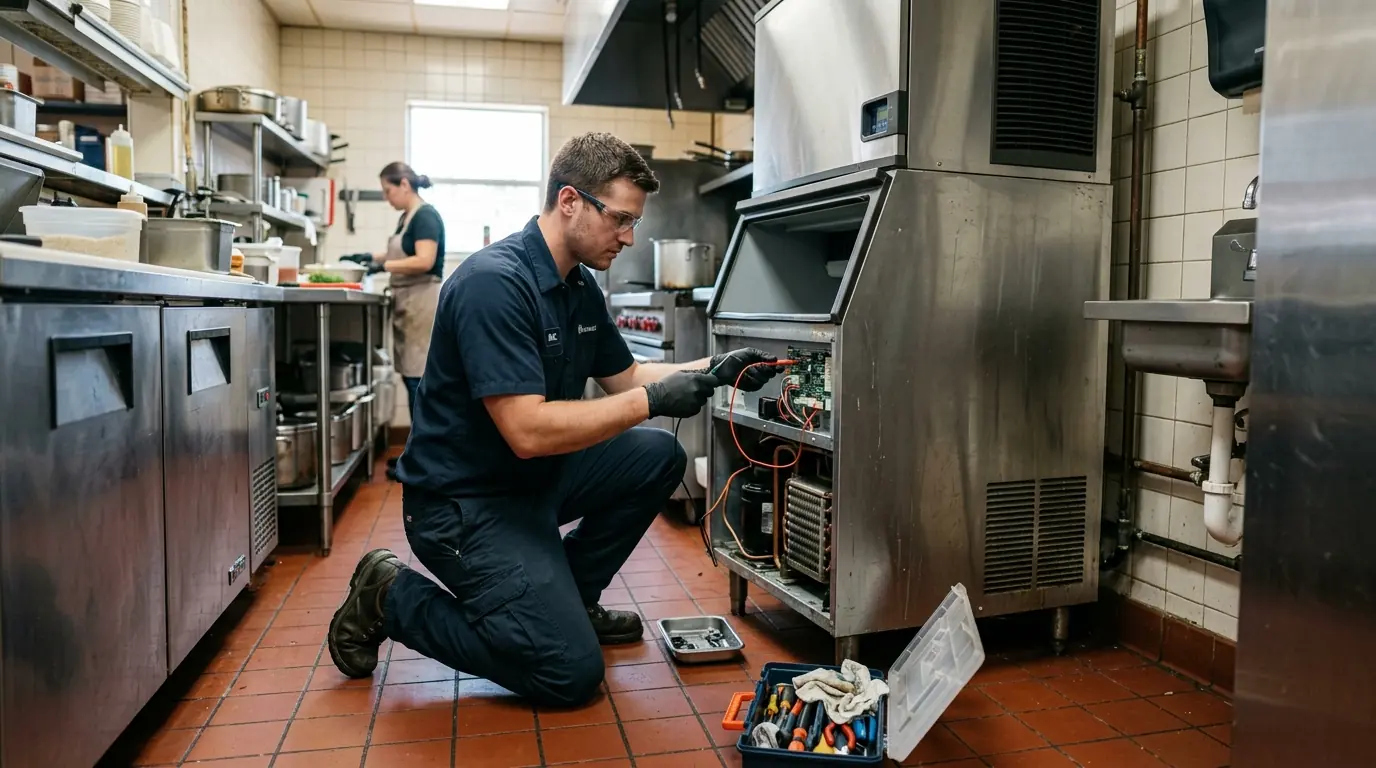 technician servicing a stainless commercial ice machine in a small Tampa Florida restaurant kitchen, photorealistic