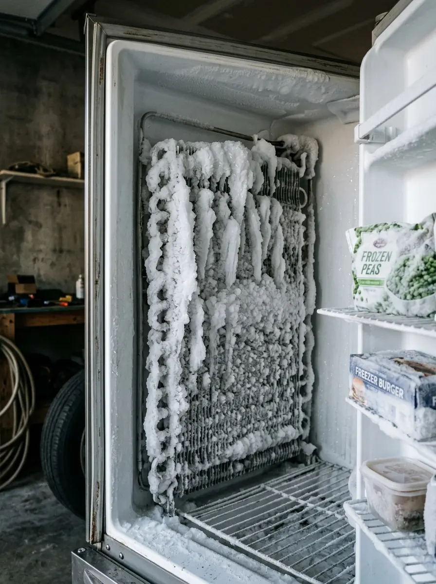 close view of heavy frost buildup on the interior evaporator panel of an upright freezer, Tampa Florida garage, photorealistic