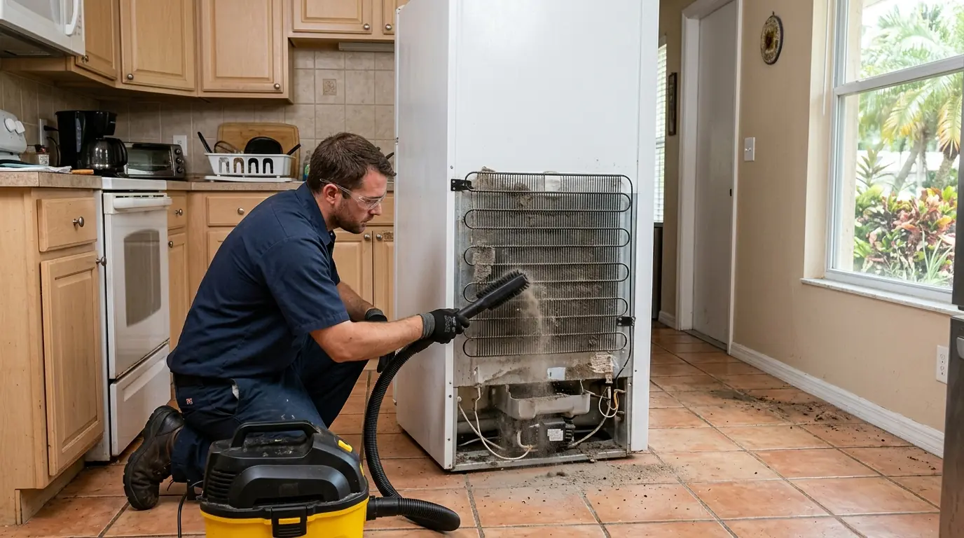 technician using a coil brush and vacuum on the condenser coils of a pulled out refrigerator in a Tampa Florida kitchen, dust visible, photorealistic