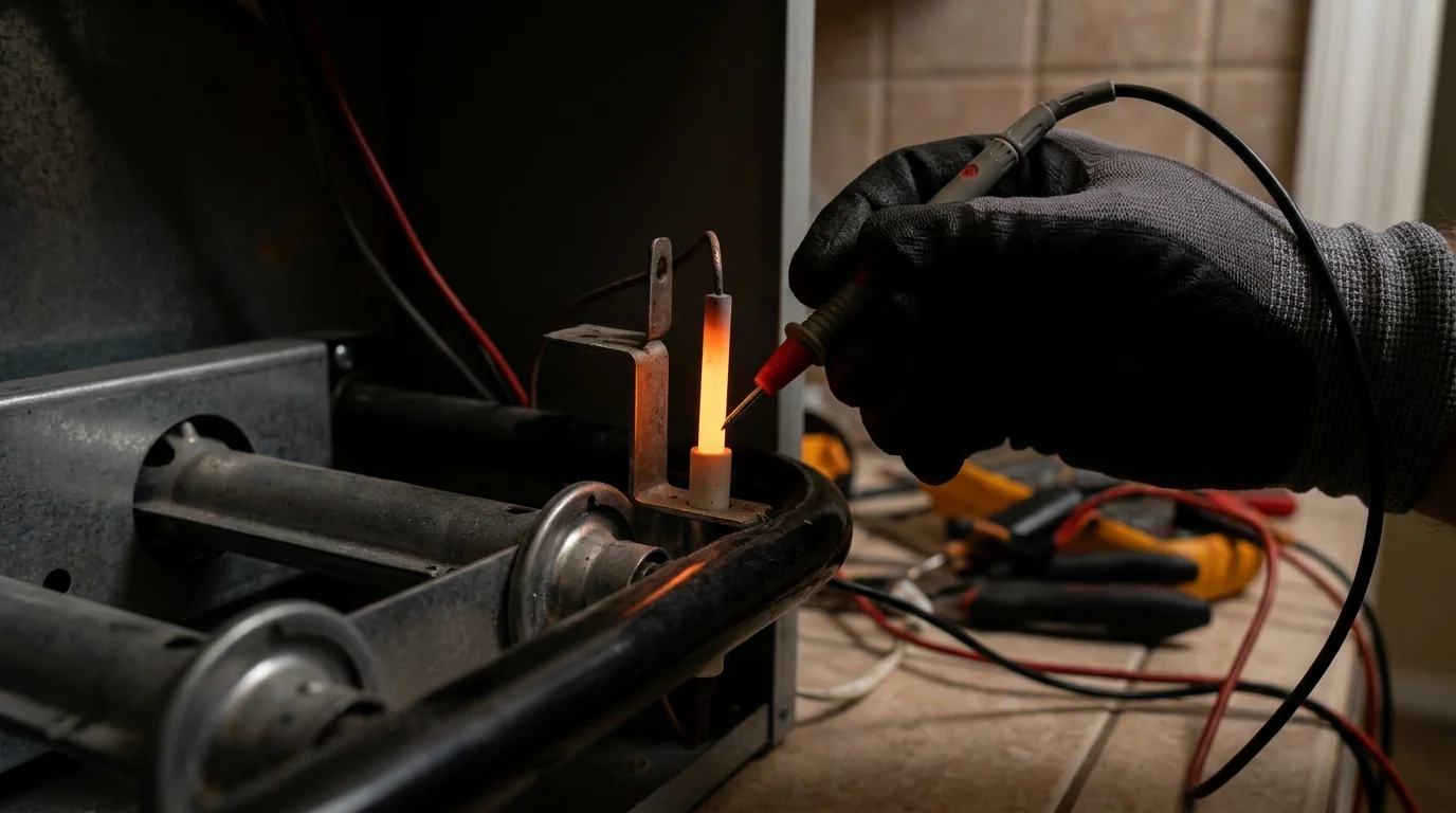close view of a glowing hot surface igniter being tested beside a gas appliance burner assembly, Tampa Florida service visit, photorealistic