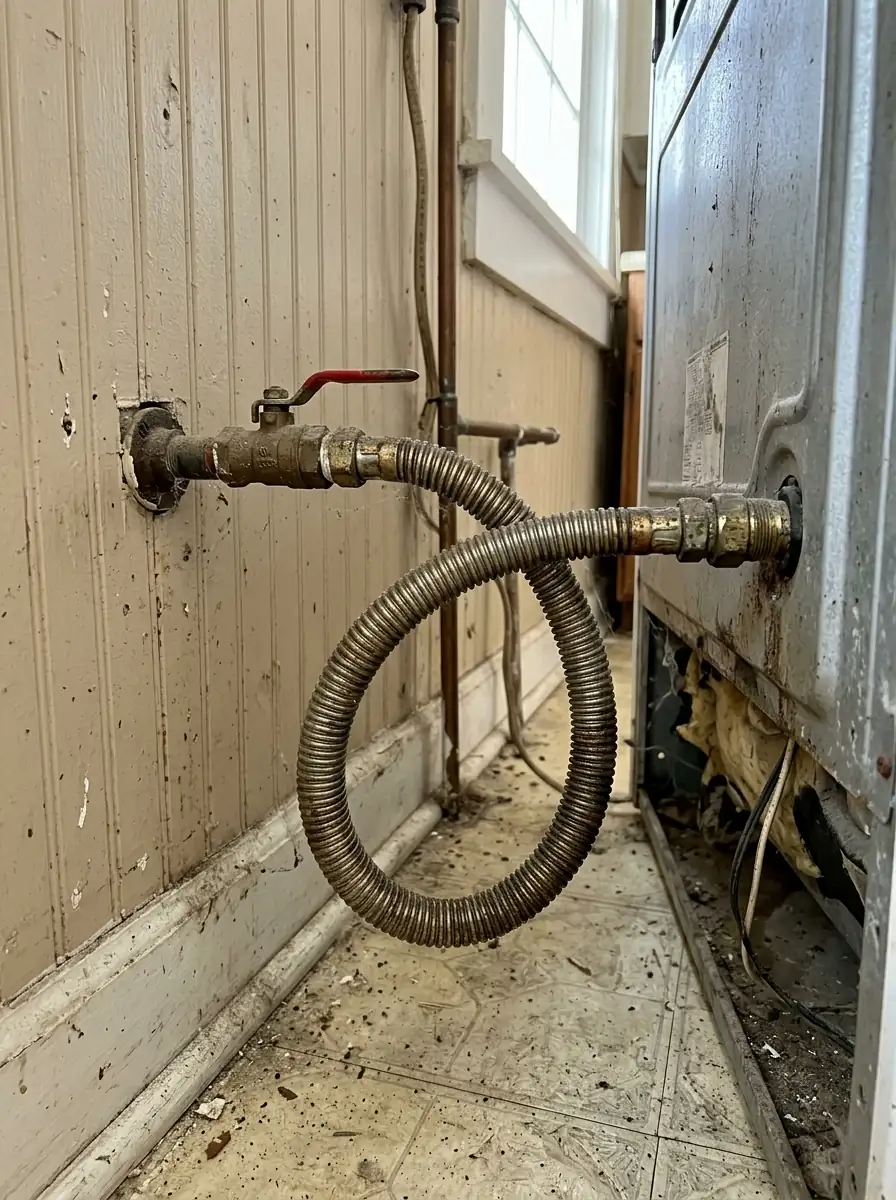 close view of an aged flexible gas connector behind a pulled out range in an older Tampa Florida cottage kitchen, photorealistic