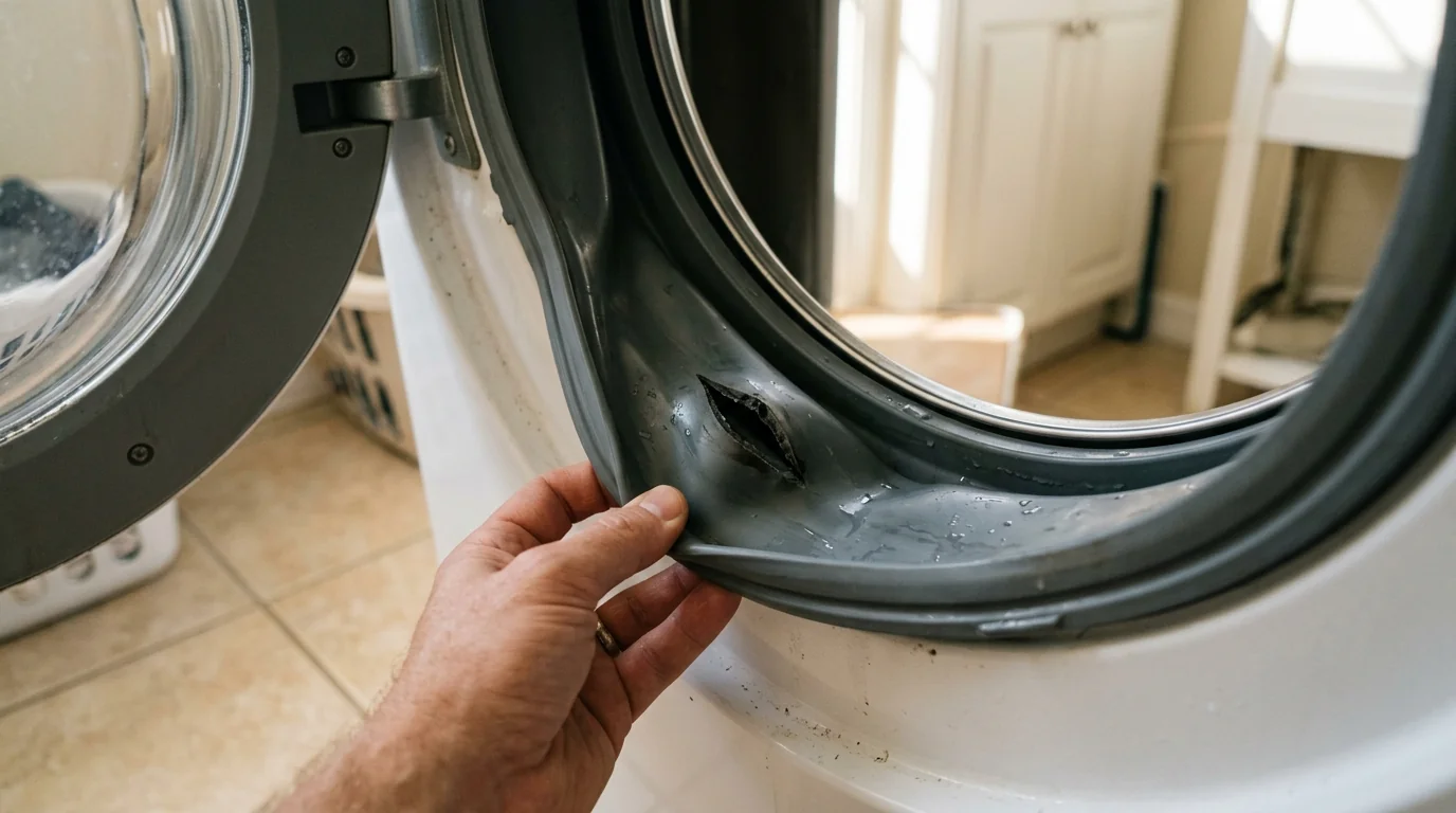 close view of a front load washer door boot seal pulled back showing a split in the rubber fold, Tampa Florida laundry room, photorealistic