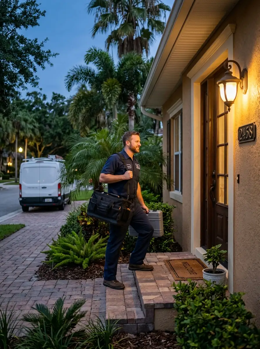 technician arriving at a Tampa Florida front door in the evening with a tool bag and a parts case, porch light on, photorealistic