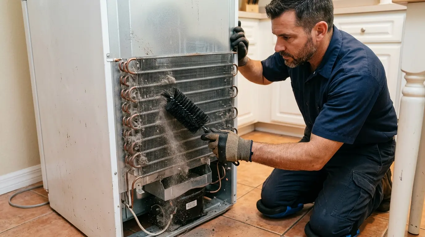 technician brushing dust from refrigerator condenser coils with a coil brush, Tampa Florida home, close detail, photorealistic