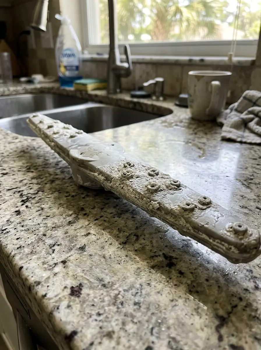 close view of a dishwasher spray arm removed showing hard water scale blocking the jets, Tampa Florida kitchen counter, photorealistic