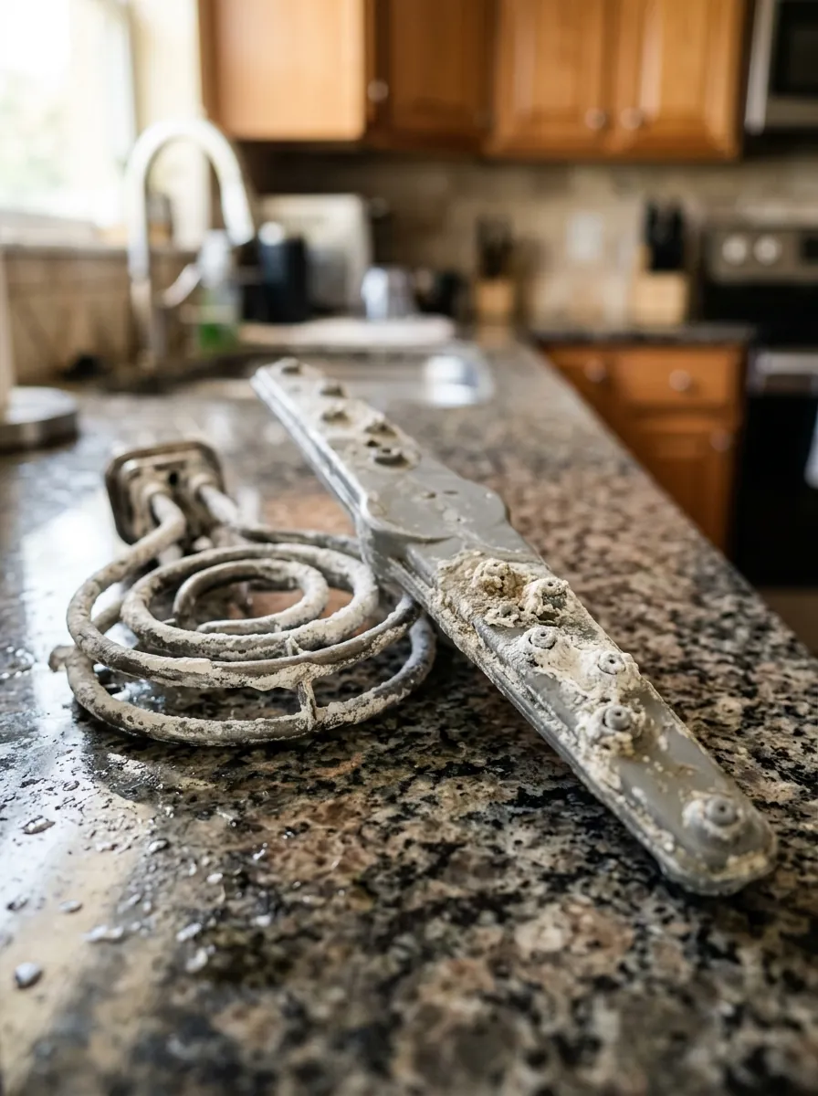close view of mineral scale coating a dishwasher heating element and spray arm jets on a Tampa Florida kitchen counter, photorealistic
