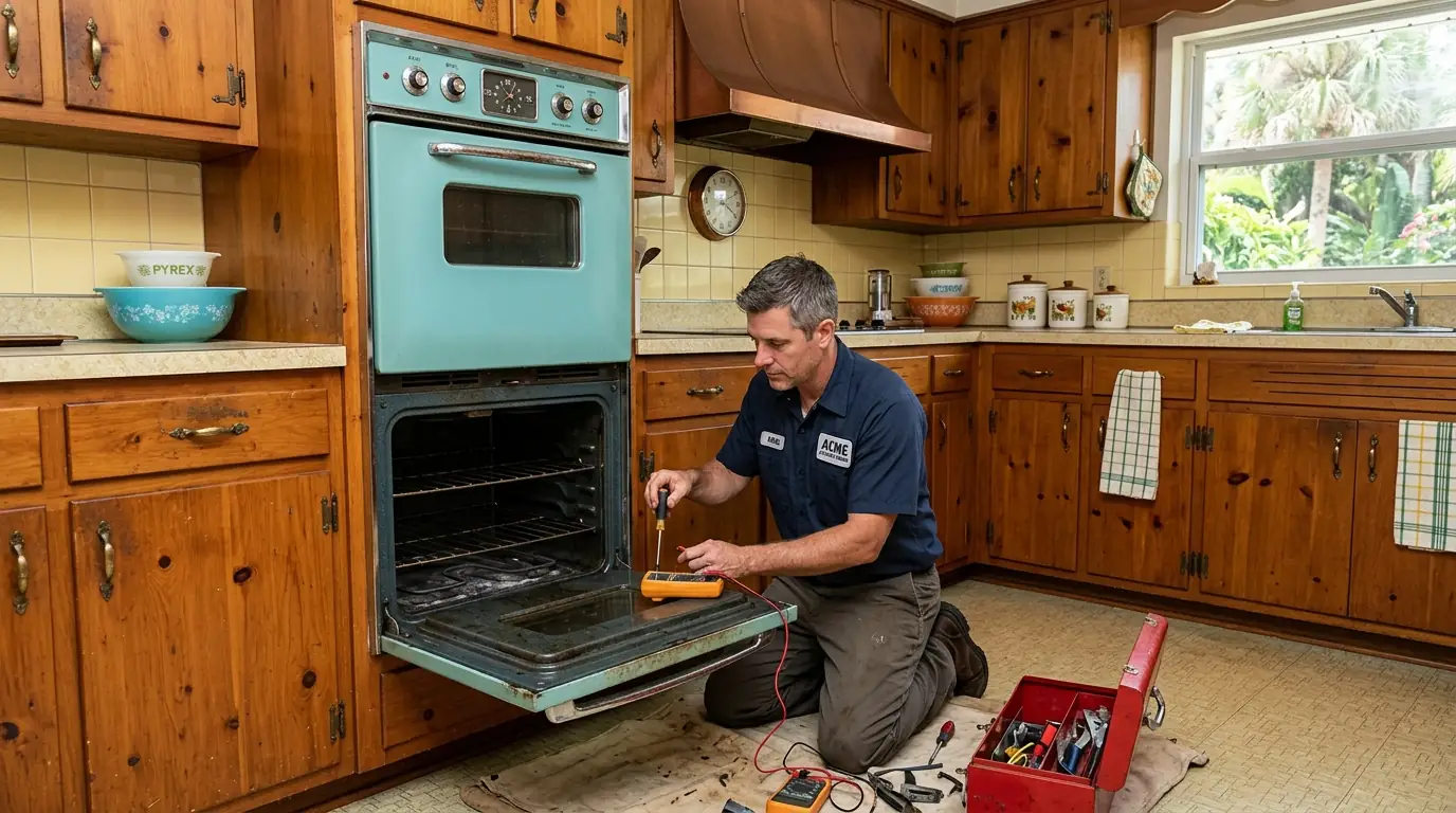 technician servicing an original 1960s built in wall oven fitted into cabinetry in a Terrace Park Tampa Florida ranch home kitchen, photorealistic