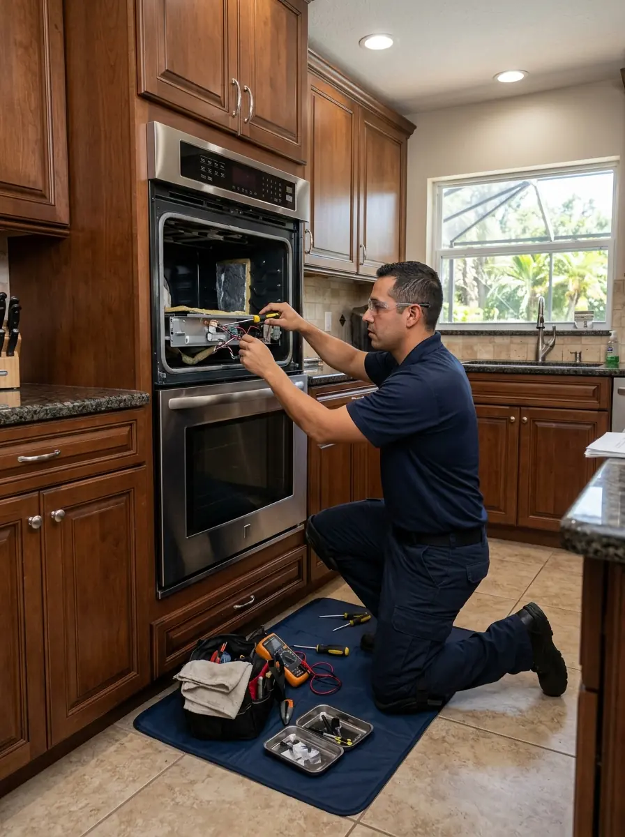 technician working on a built in double wall oven set into custom cabinetry in a Carrollwood Village Tampa Florida kitchen, photorealistic