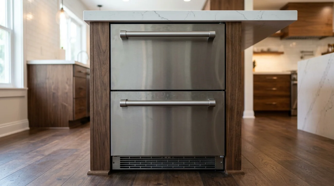 close view of a two drawer undercounter beverage refrigerator with the front grille exposed in a remodeled Palma Ceia Tampa Florida kitchen island, photorealistic