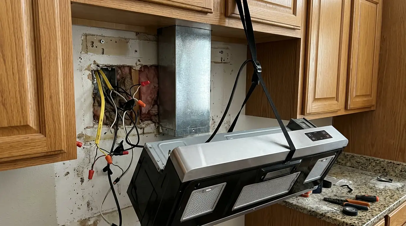 close view of an over the range microwave lowered from its mounting bracket showing the vent duct and wiring behind it, Tampa Florida kitchen, photorealistic