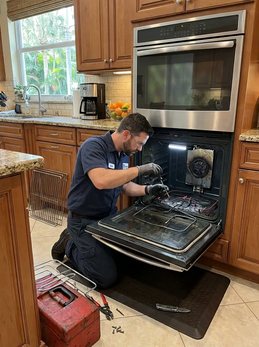 technician replacing a bake element inside a wall oven in a Tampa Florida kitchen, oven racks removed, photorealistic