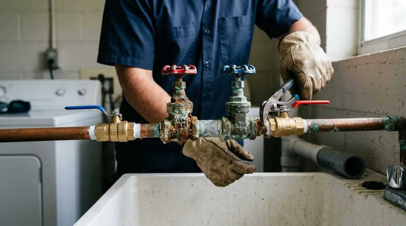 close view of corroded seized washer supply valves being replaced with quarter turn ball valves in a Tampa Florida laundry area, photorealistic
