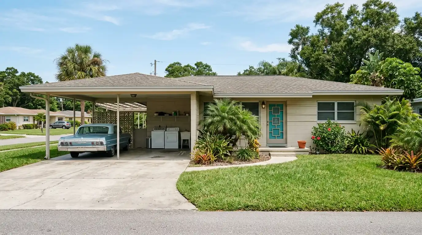 mid century concrete block ranch home in Tampa Florida with a carport and a laundry area visible, photorealistic