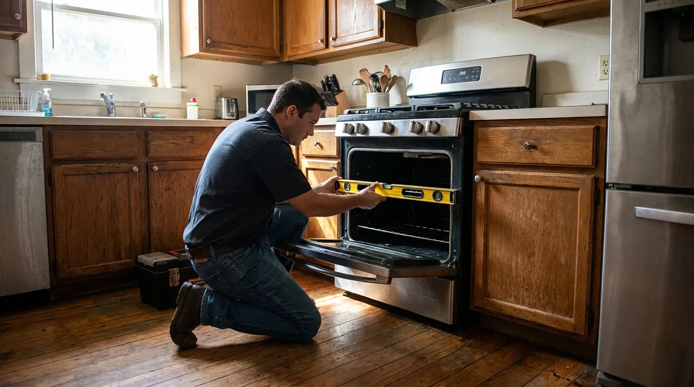 technician placing a spirit level across an oven rack inside a freestanding range in a West Tampa Florida kitchen with original wood floors, photorealistic