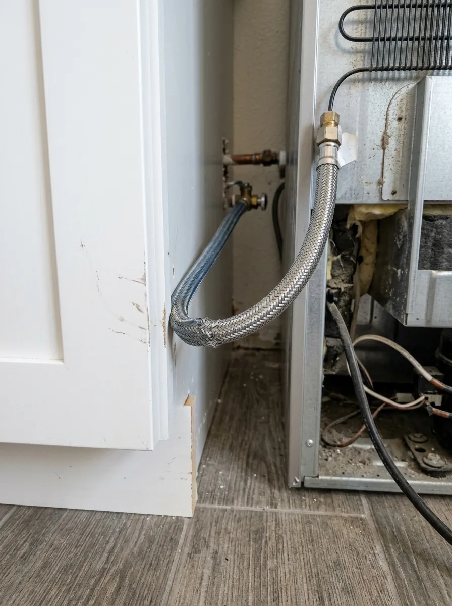 close view of a kinked refrigerator water supply tube pinched against a new cabinet edge behind an appliance in a remodeled Tampa Florida kitchen, photorealistic