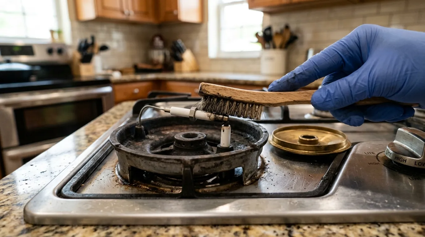 close view of a gas range burner cap removed showing a spark igniter electrode being cleaned, Tampa Florida kitchen, photorealistic