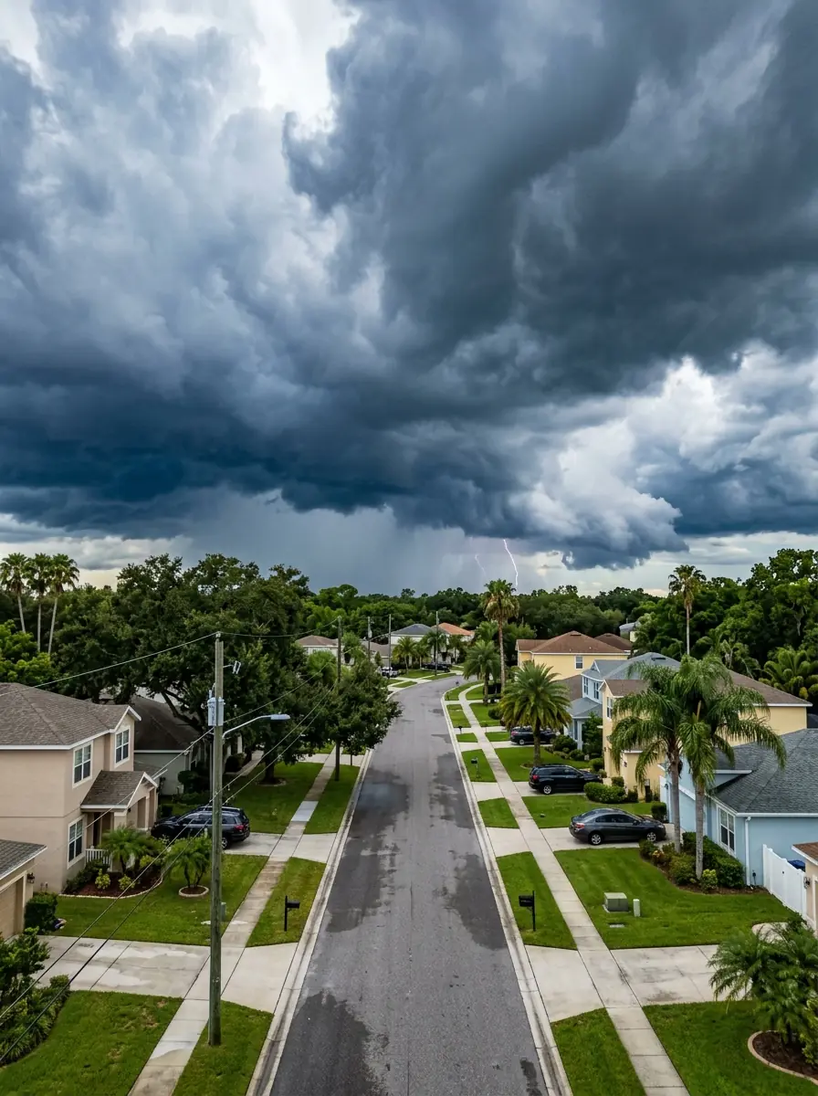 summer storm clouds over a Tampa Florida residential neighborhood, editorial blog thumbnail, photorealistic