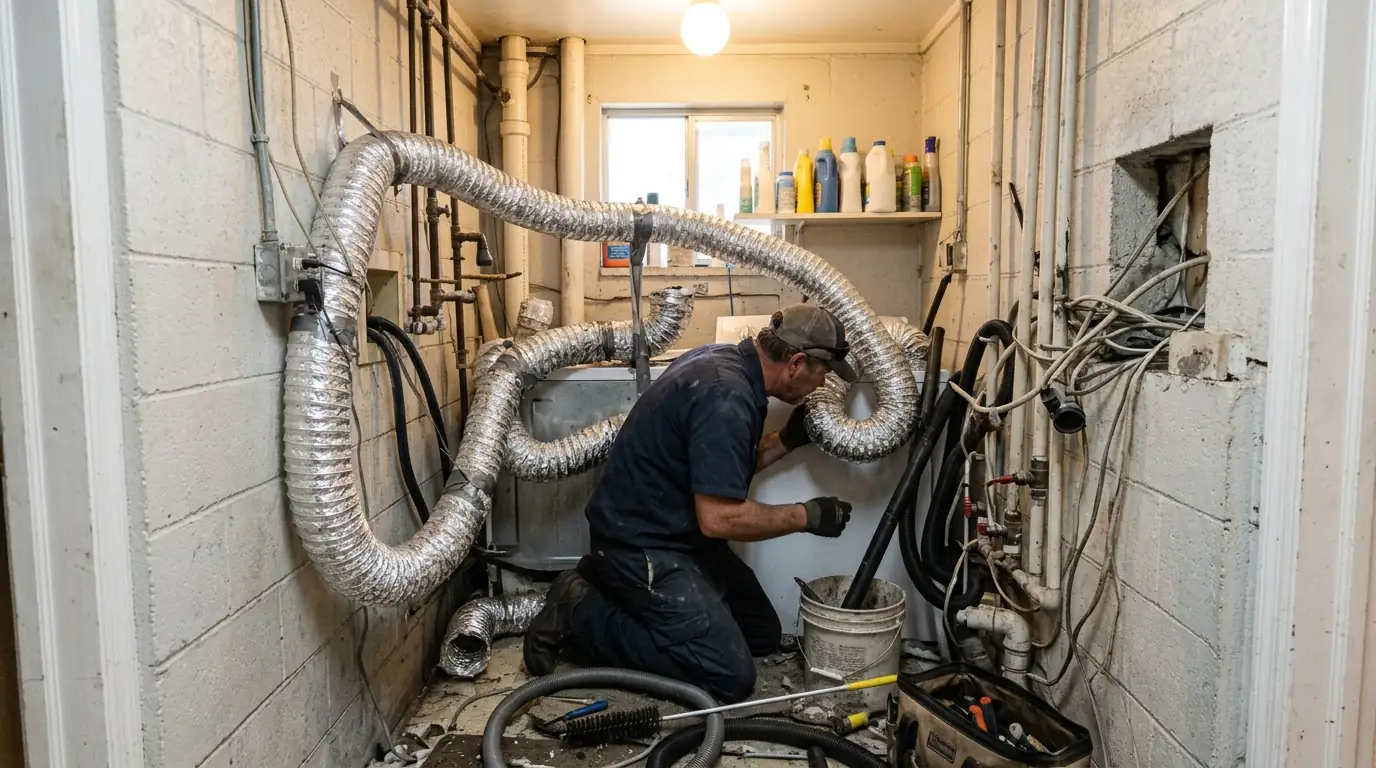 technician clearing an improvised dryer duct run in a compact utility room off the kitchen of a Tampa Florida block home, photorealistic