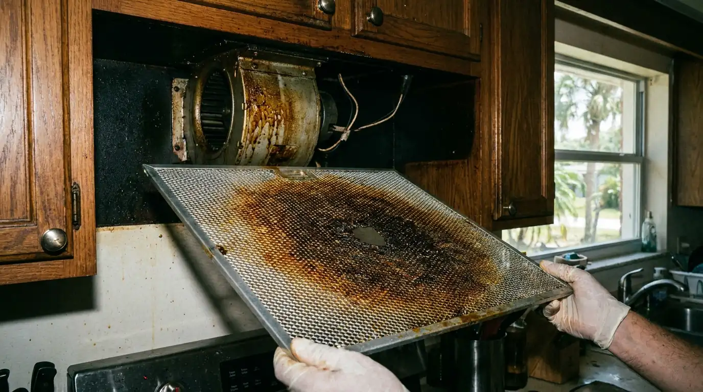 close view of a range hood grease filter removed showing heavy grease loading and the fan blower behind it, Tampa Florida kitchen, photorealistic