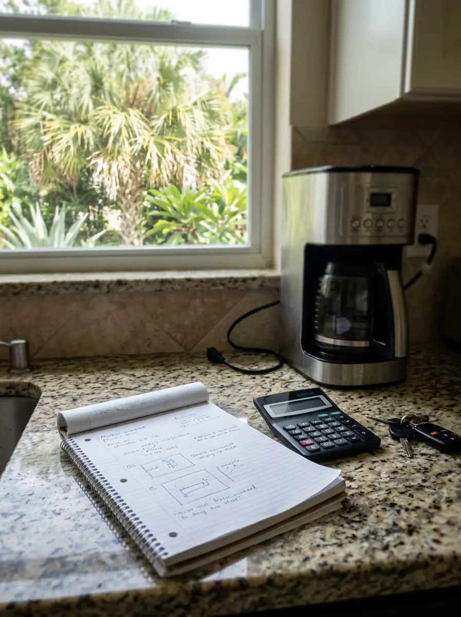 technician notepad and calculator on a Tampa Florida kitchen counter beside an appliance, editorial blog thumbnail, photorealistic