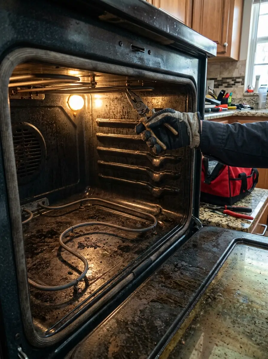 close view of a glowing bake element and oven interior with a technician gloved hand, Tampa Florida kitchen, photorealistic