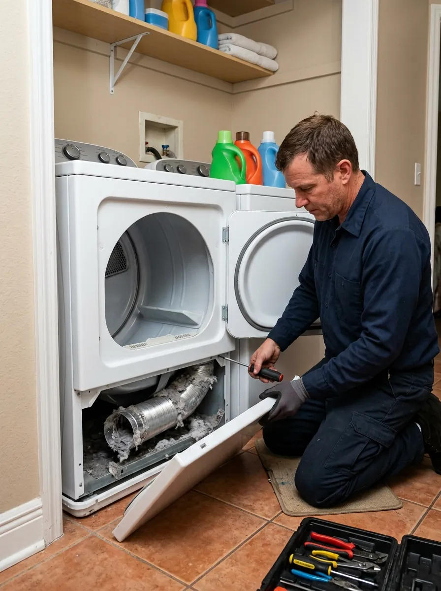 technician removing the front panel of a clothes dryer in a Tampa Florida laundry closet, lint visible in the duct, photorealistic