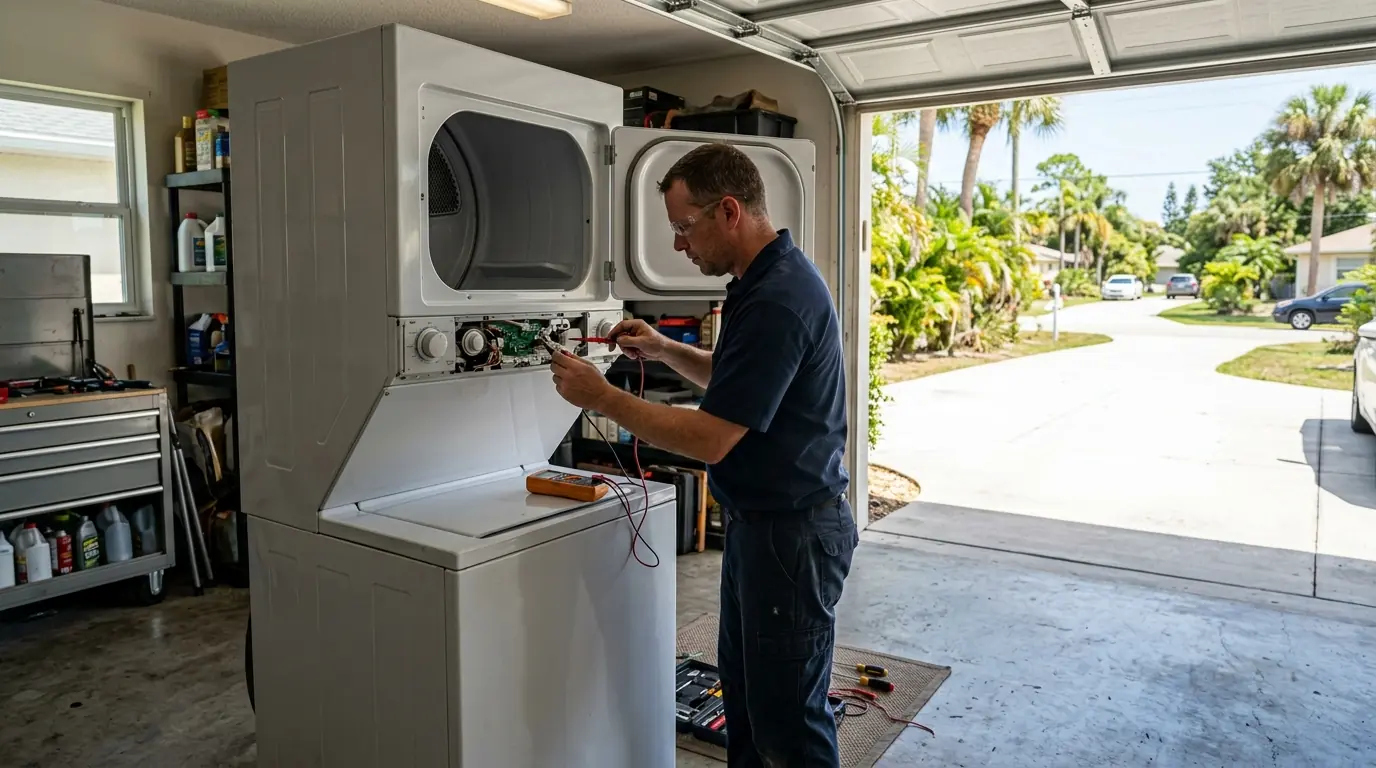 washer and dryer standing in a hot Tampa Florida garage beside a long driveway with the door open, technician testing the control panel, photorealistic