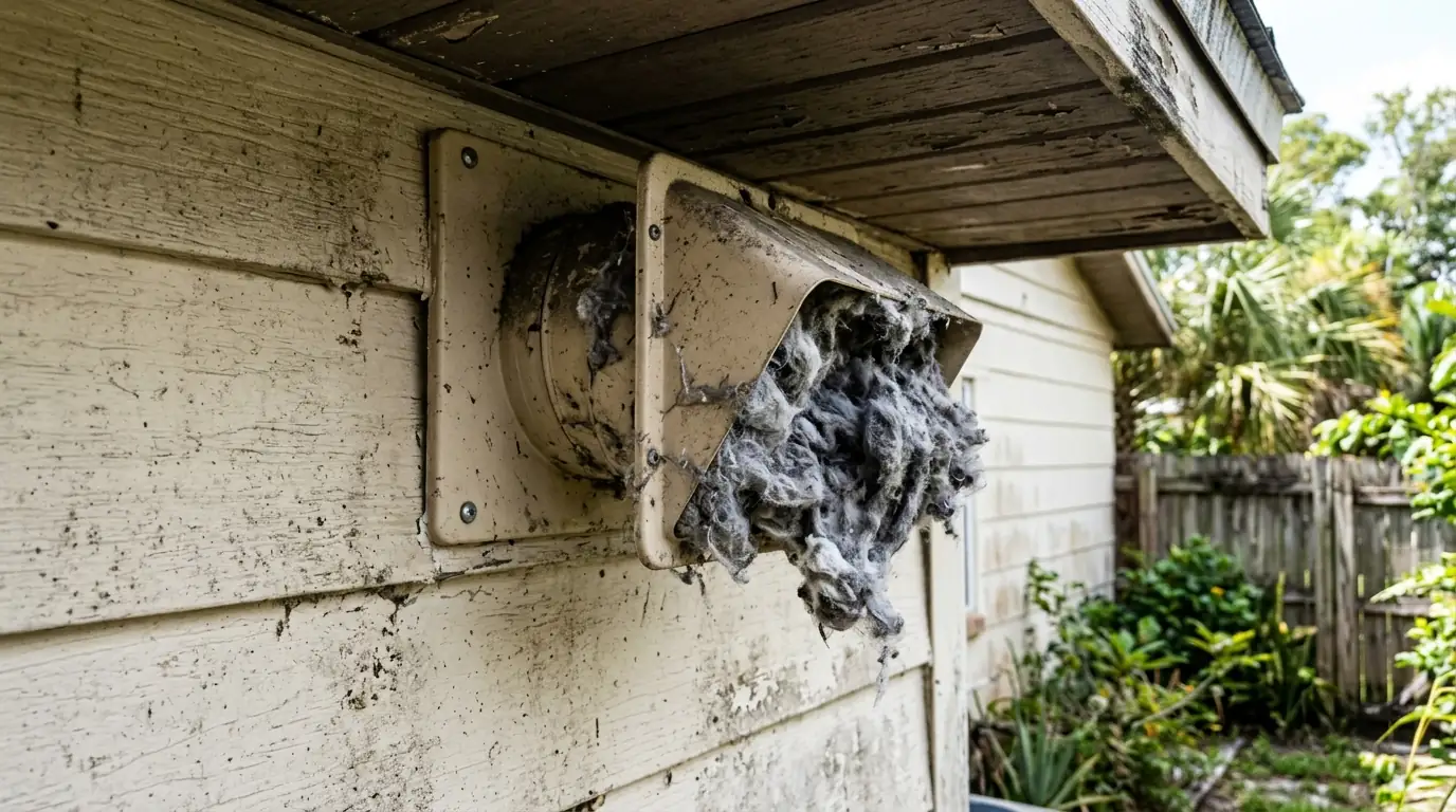 close view of a dryer vent hood terminating under a low soffit at the rear of an East Tampa Florida cottage with lint packed at the elbow, photorealistic