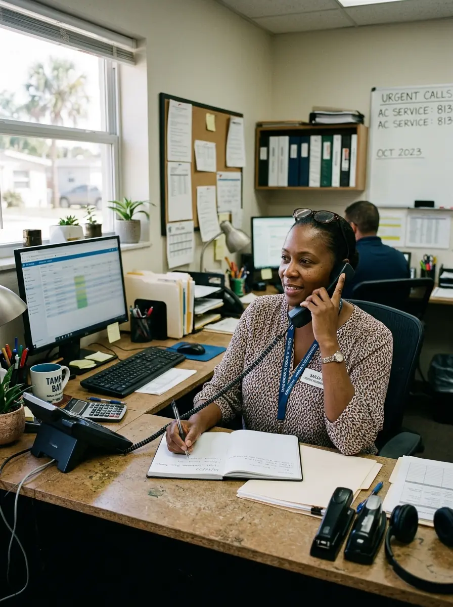service coordinator at a desk taking a phone call in a small Tampa Florida office, photorealistic